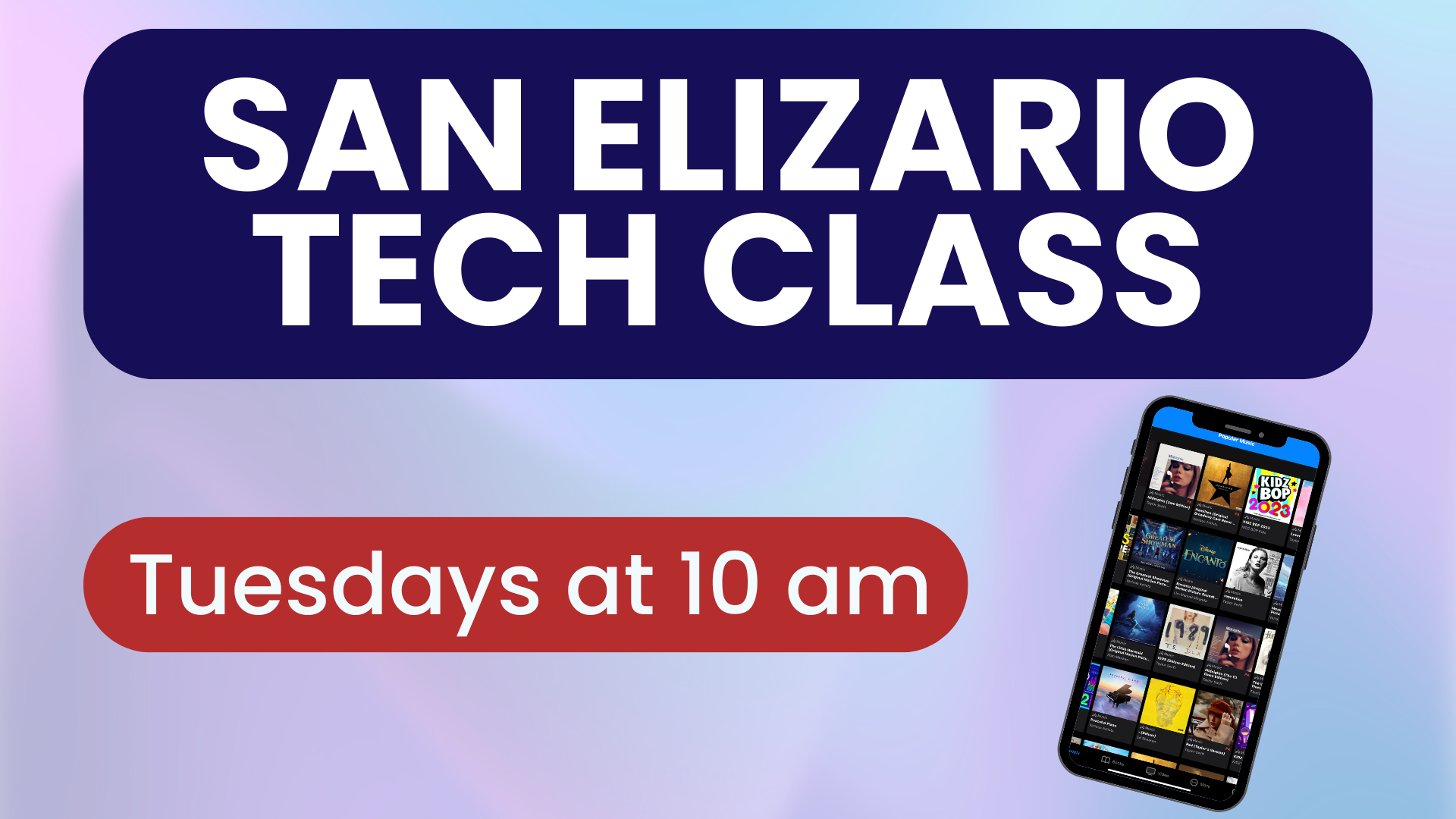 Library program flyer promoting a beginner technology class in San Elizario, Texas.